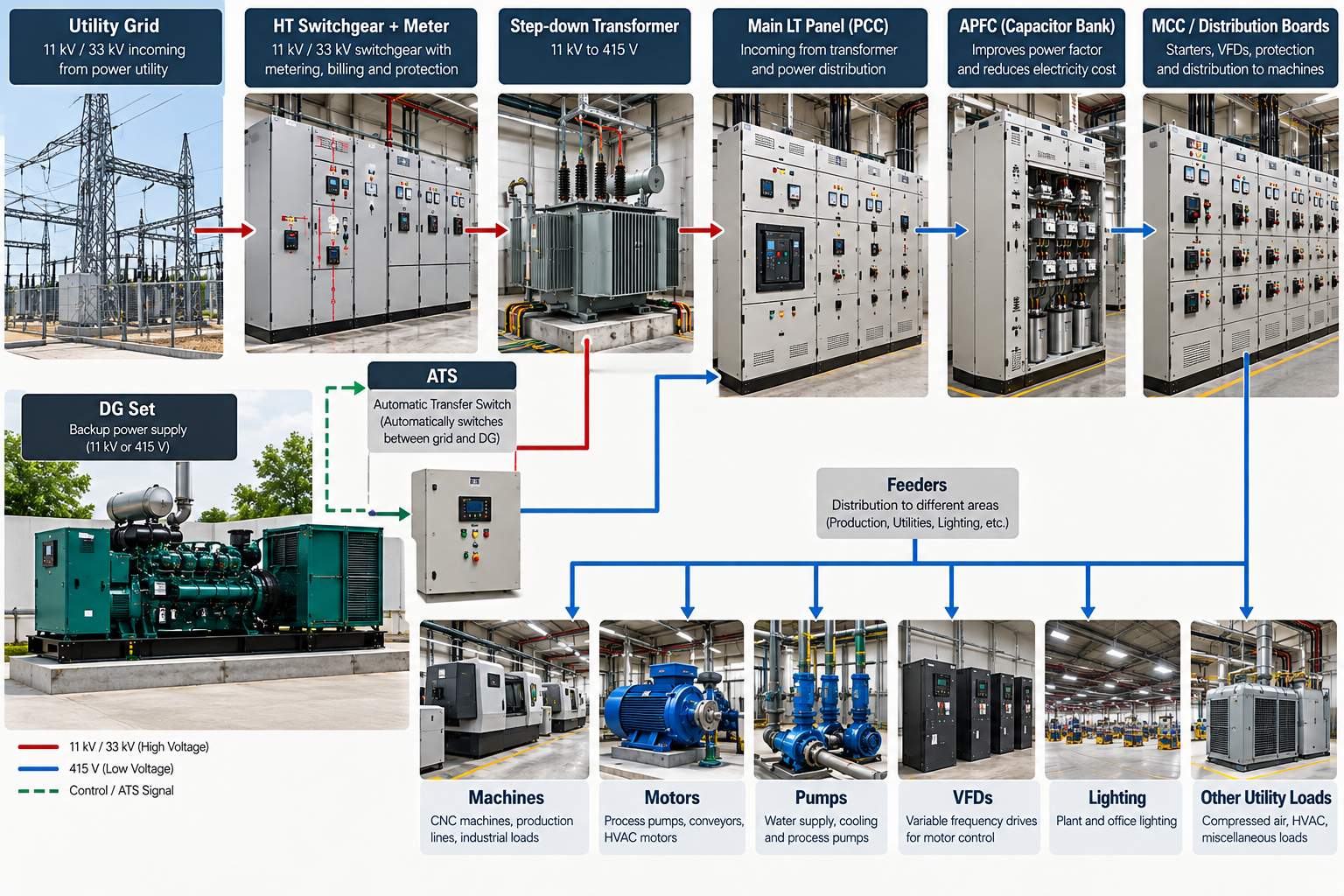 Complete electrical infrastructure from utility grid to plant loads